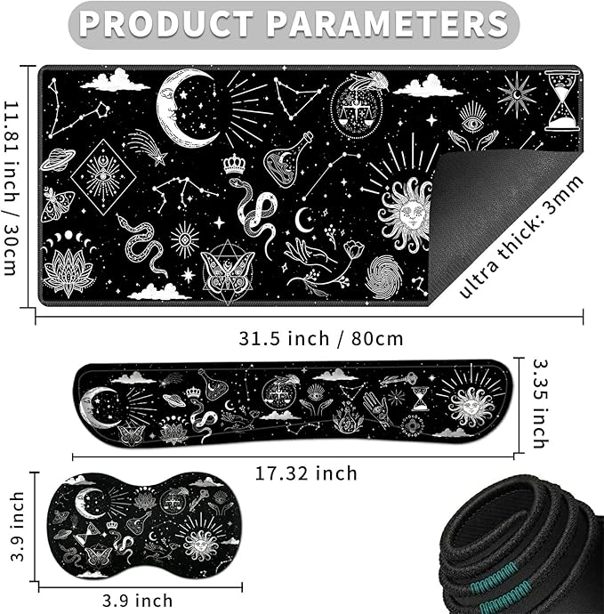 Large Gaming Mouse Pad Keyboard Mouse Wrist Rest Support Set with Memory Foam Ergonomic Easy Typing Extended Desk Mat Non Slip for Home Office Game and Study Astrology Celestial Theme