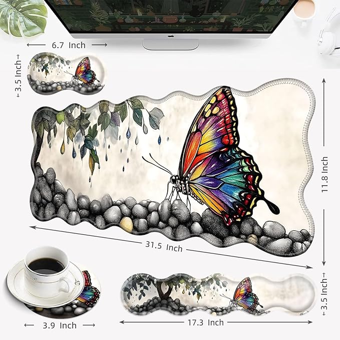 Desk Mat Mouse Pad with Wrist Rest 4-in-1 Large Mouse Pads for Desk Ergonomic Mouse Pad and Keyboard Wrist Rest Gaming Keyboard Mat for OfficeWatercolor Butterfly