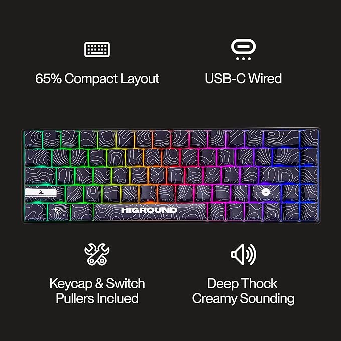 Higround Basecamp 65% Mechanical USB Wired Gaming Keyboards Programable RGB Transparent/Translucent Hot-Swappable Deep Thock Creamy Sounding PC Keyboard (BLACKICE - White Flame Switch)
