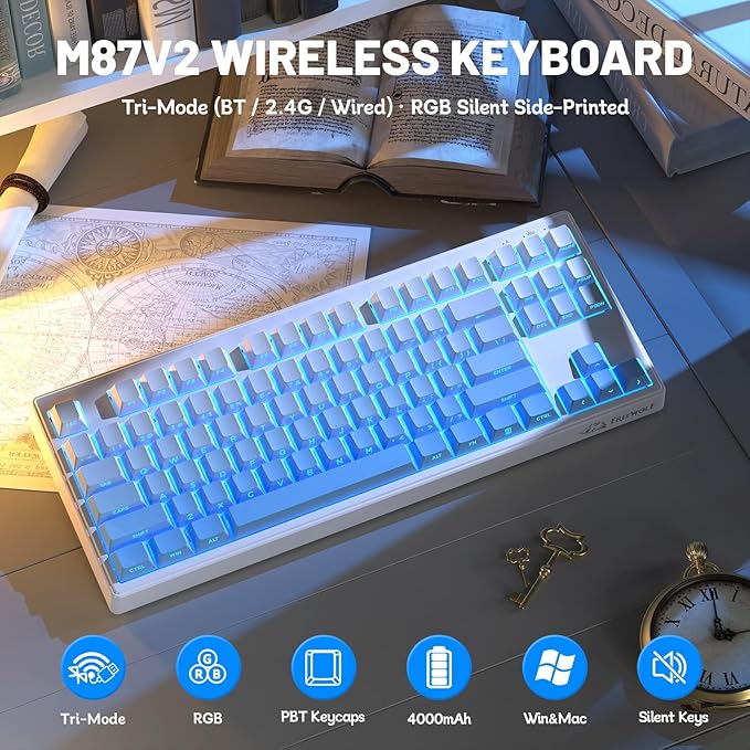 M87V2 87 Keys Membrane Gaming Wireless Keyboard80% TKL Layout Side Printed Keys Retro Cute CreamyRGB Backlit 4000mAh 2.4G/BT/Wired Computer Silent Keyboard for MAC PC- Gradient Blue