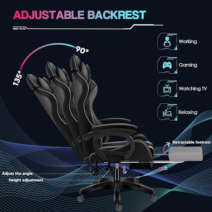 Gaming Chair for Adults with Speakers Massage Computer Office Chair RGB Gamer Chair with Footrest and Lumbar Support Music Video Game Chair High Back PU Leather Ergonomic Desk PC ChairPink