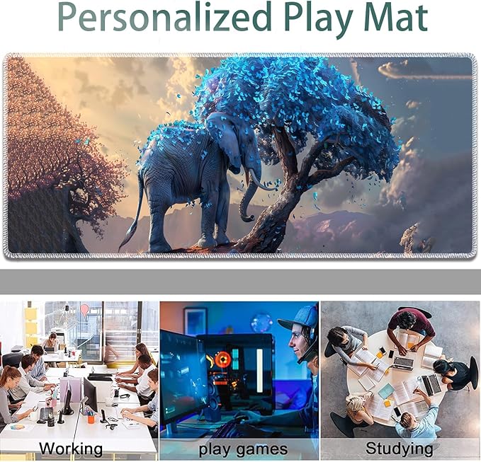 Large Gaming Mouse Pad + Keyboard Wrist Rest + Wrist Support + Coaster Set Memory Foam Ergonomic for Easy Typing XXL Extended Gaming Mouse Pad Table Pad - Blue Leaves and Elephants