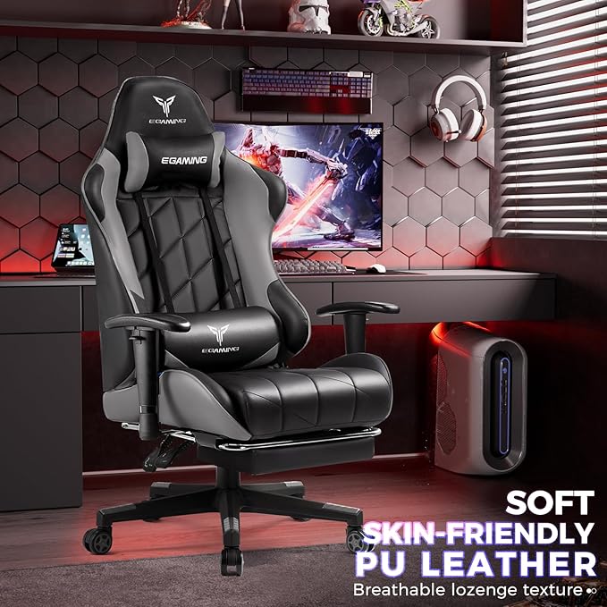Gaming Chair Big and Tall Video Game Chair with High Back PU Leather Home Office Ergonomic Computer Chair with Footrest Adjustable Height 360° Swivel Wheels for Adults and Teens (Grey)
