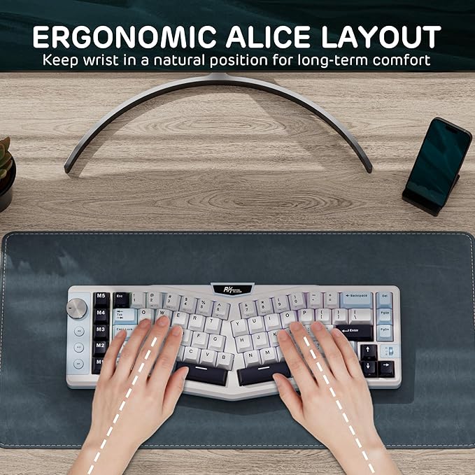 RK ROYAL KLUDGE A72 Alice Ergonomic Wireless Mechanical Keyboard w/Knob/Macro Keys/Touchable Nameplate Tri-Mode 68% 72-Key Gasket Keyboard BT/2.4G/USB-C Hot Swap Win/Mac Software 7500mAh Battery