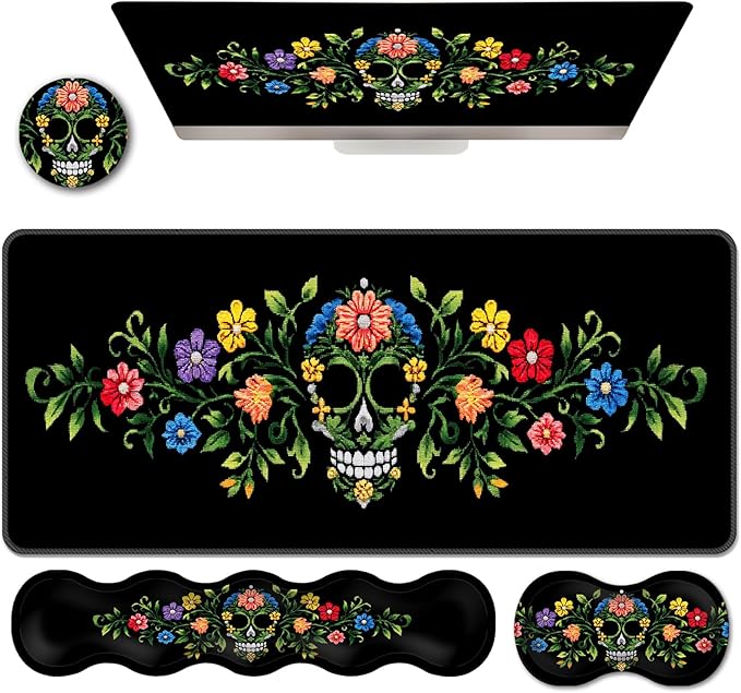 Ergonomic Keyboard Wrist Rest &amp Mouse Pad Wrist Rest SetXL Gaming Desk Mat 31.5x 11.8Non-Slip BaseMemory FoamEasy Typing Pain Relief for Office &amp HomeFloral Skull