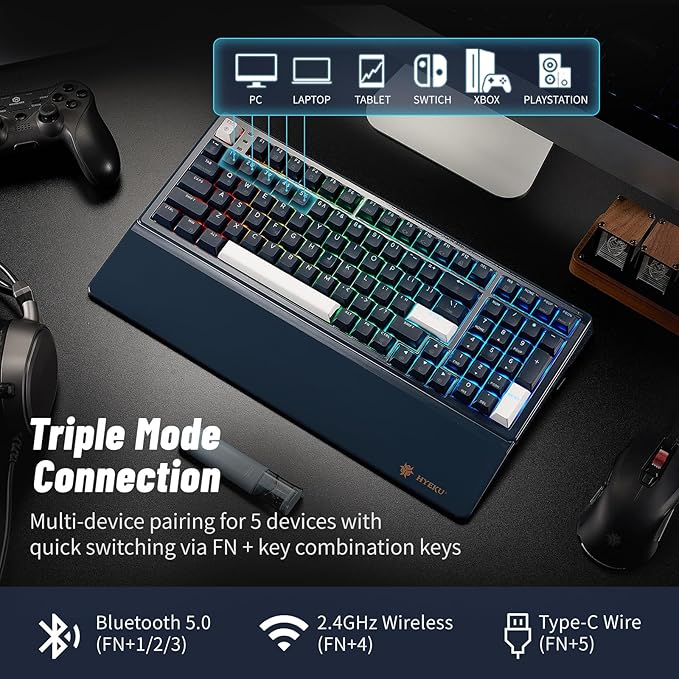 Hexgears E4Pro Wireless Creamy Mechanical Keyboard with Number Pad Hot Swappable Custom Keyboard with Wrist RestPre-lubed Tactile SwitchesGasket StructureRGB Backlit Gaming Keyboard (Dark Blue)