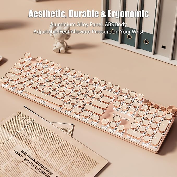Typewriter Style Mechanical Gaming Keyboard White LED Backlit 104-Key NKRO Pink Switches Retro Round Keycaps Golden Ring Volume Knob Metal Panel Wired USB-C Detachable Cable Rose Gold
