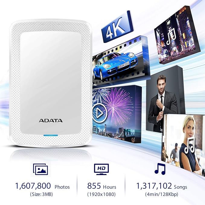 ADATA Hard Drive - 1 TB - External (Portable) - USB 3.1-256-bit AES - White