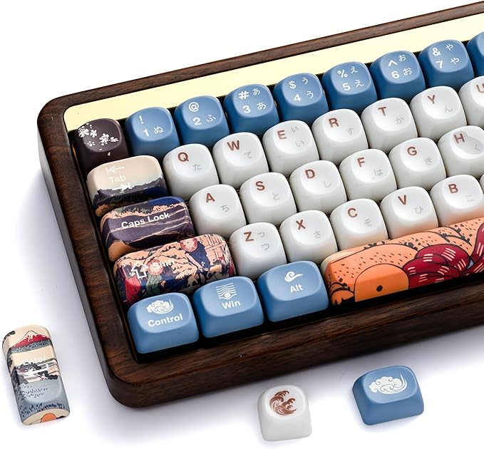 OHY XVX MOA Profile Keycaps Set Japanese Mount FujiTheme 132 - Key White &amp Blue Custom Keycaps with PBT + Frosted Translucent PC Material for ANSI Layout Mechanical Keyboards- - Musashi Senju