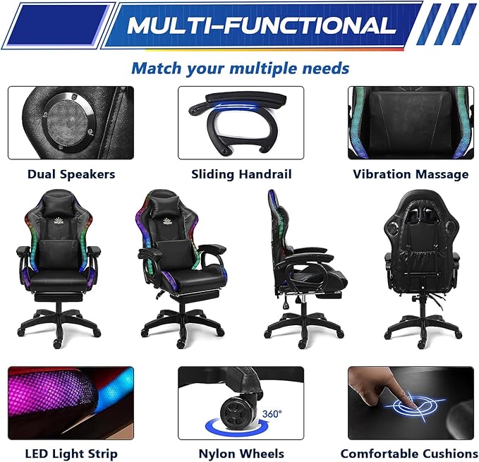 Massage Gaming Chair with Speakers Video Game Chair with RGB LED Lights Ergonomic Racing Office Chair PU Leather Recliner Computer Chair Swivel Chair with Headrest Armrest Lumbar SupportWhite