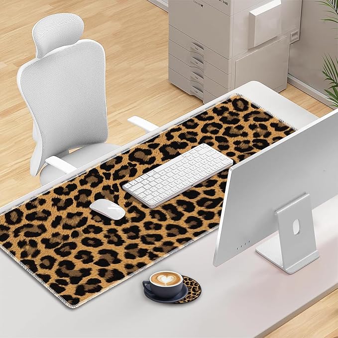 3-in-1 Large Mouse Pad Gaming Set (31.5 x 11.8 inch)+ Wrist Rest Pad + Coaster Memory Foam Gel Wrist Rest Pad for Pain Relief Stitched Edges Non-Slip Table Mat Brown Leopard Print