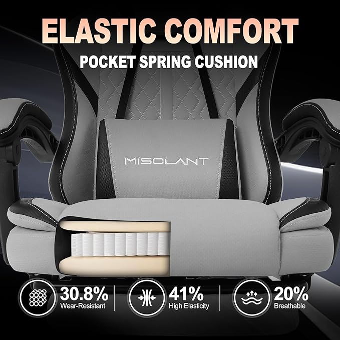Misolant Gaming Chair Fabric Gamer Chair with footrest for Adults High Back Ergonomic Computer Game Chair with Adjustable Headrest and Massage Lumbar Support 90-155° Recline Free Gray