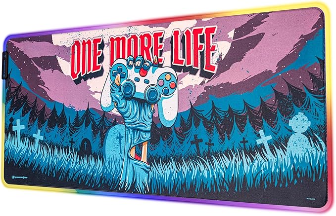 Official One More Life XXL LED Gaming Mouse Pad | 900x400x4 mm Non-Slip Rubber Base RGB Keyboard &amp Mouse Mat | Gaming Gifts