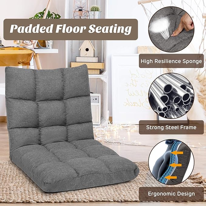 Giantex Adjustable Floor Gaming Sofa Chair 14-Position Cushioned Folding Lazy Recliner High Resilience Sponge Breathable Cotton &amp Linen Fabric Sleeper Bed Couch Recliner with Removable Cover (Gra