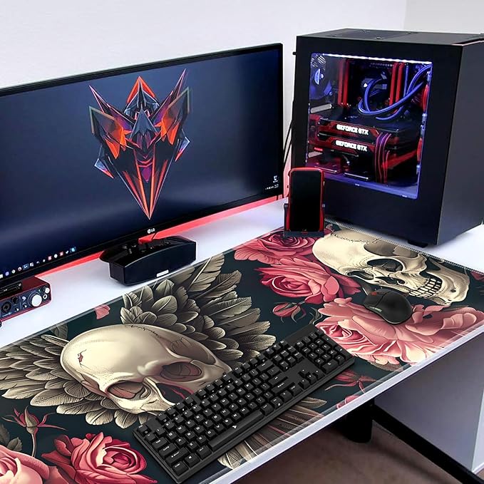 3-in-1 Large Mouse Pad Gaming Set (31.5 x 11.8 inch)+ Wrist Rest Pad + Coaster Memory Foam Gel Wrist Rest Pad for Pain Relief Stitched Edges Non-Slip Table Mat Rose Winged Skull