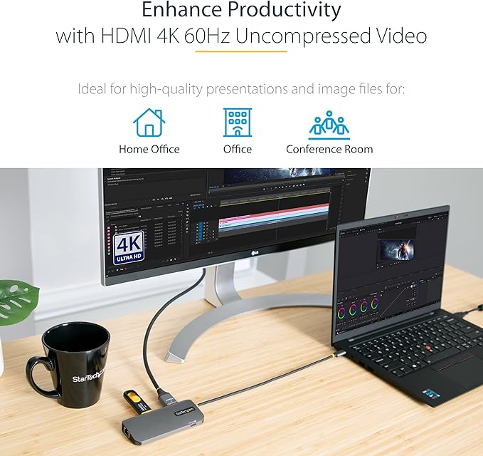StarTech.com 6-in-1 USB-C Hub for Monitors 4K 60Hz HDMI Video HDR10 Gigabit Ethernet USB 5Gbps Hub 100W Laptop Charging with Cable Management for MacBook M1 M2 M3 M4 and Windows