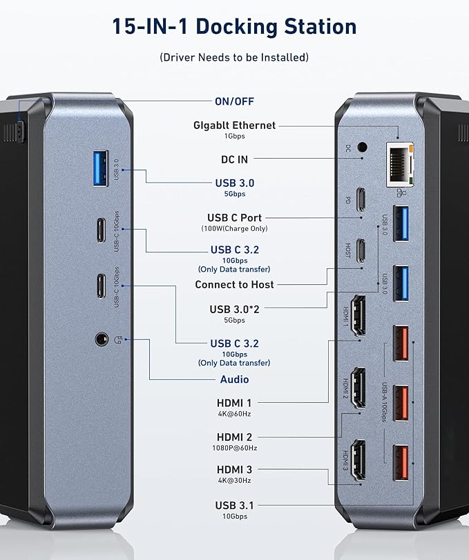 Raycue Triple Monitor USB C Docking Station - MacBook Pro Docking Station with Power Adapter for MacBook M1/M2/M3/Windows HDMI*3 RJ45 10Gbps USB*5 PD USB 3.0*2