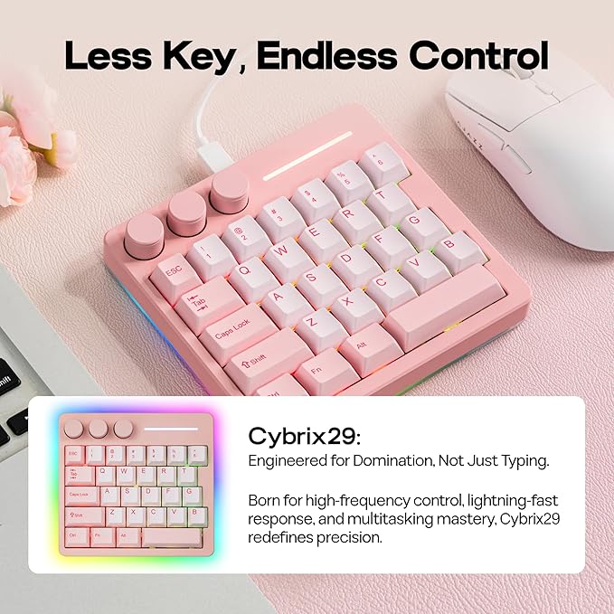KiiBoom Cybrix 29 Rapid Fast Wired Gaming Keyboard 8Khz Polling Aluminum &amp Acrylic One Handed Keyboard 3 Programmable Knobs Magnetic Switch Adjustable Actuation RGB Backlits FR4 Plate (Pink