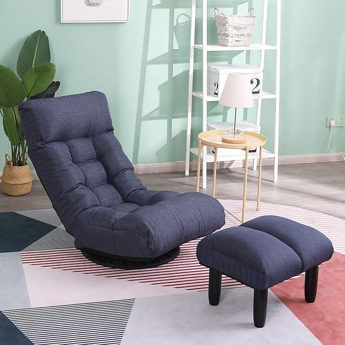 Henf Floor Gaming Chair with footrest 360 Degree Swivel Sofa Reclining Chair Lazy Sofa Tatami Leisure Sofa Adjustable 3-Position Floor Chair Folding Sofa Lounger Navy Blue