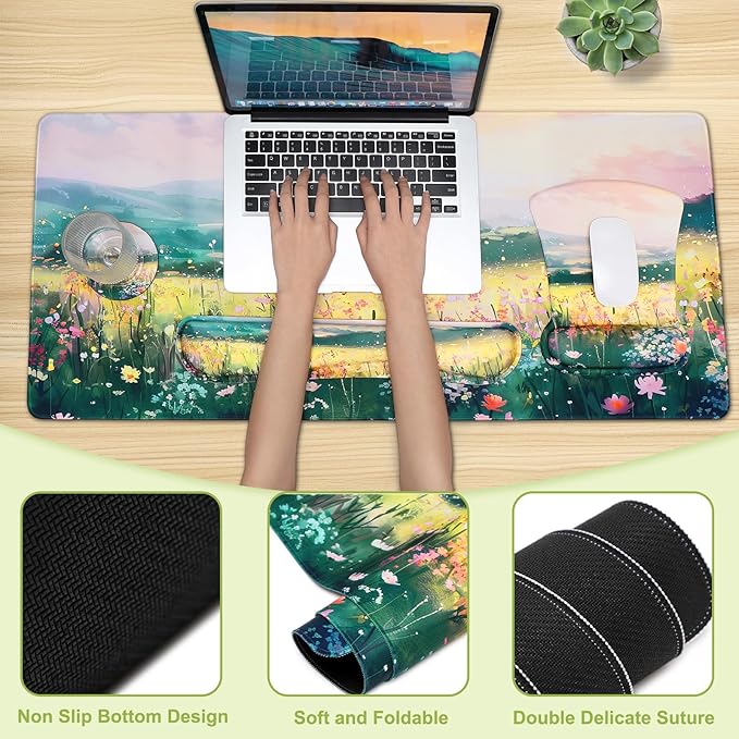 MEGREZ 4-in-1 Ergonomic Memory Foam Wrist Rest Set Desk Pad Mouse Pad with Wrist Rest Keyboard Pad Suitable for Office Workers Programmers &amp Gamers–Relieve Typing &amp Gaming Fatigue The Wi