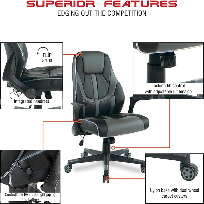 OSP Home Furnishings Output Mid-Back LED Lit Gaming Chair with Thick Padded Seat and Lumbar Support Black Faux Leather with Grey Trim and Accents