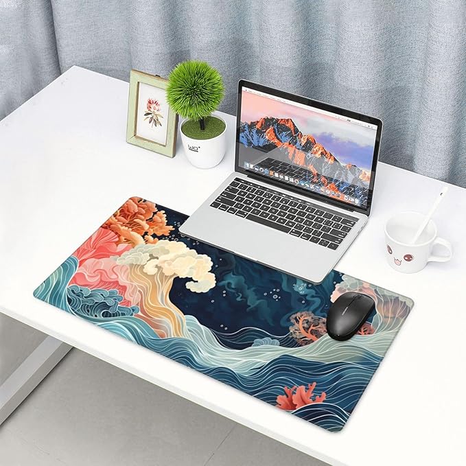 Wave Desk Cover MatExtended Large Mouse PadComputer Laptop Mat Desk Decor for Office Game Home 30x16 Inch