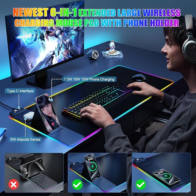 Mouse Pad with Foldable Phone Holder Wireless Charging Desk Mat RGB Gaming Mousepad Large Desk Pad with Non-Slip Base Waterproof Keyboard Pad Classic Black (XXL Stand Black PD Adapter)