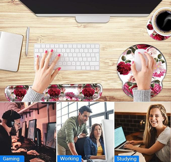 Mouse Pad Wrist Support and Keyboard Wrist Rest with CoasterNon-Slip Rubber Base Ergonomic Gaming Mousepad for Home Office Working Studying Easy Typing &amp Pain ReliefRoses and Hyacinth Flowers