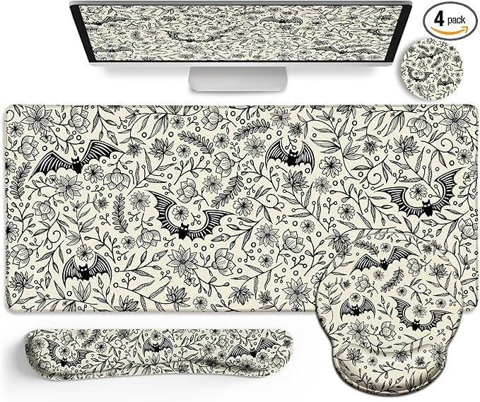Goth Bat Mouse Pad Set Large Desk Mat for Desktop Ergonomic Mouse Pad with Wrist Rest for Gaming Keyboard Mat Wrist Support Cup Coaster Set Gothic Office Desk Accessories Decor Supplies