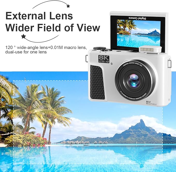 Zopsc 8K Digital Camera 88MP with WiFi 18X Zoom and 3in Flip Screen Autofocus Vlogging Camera with LED Fill Light Live Streaming Webcam for Travel (White)