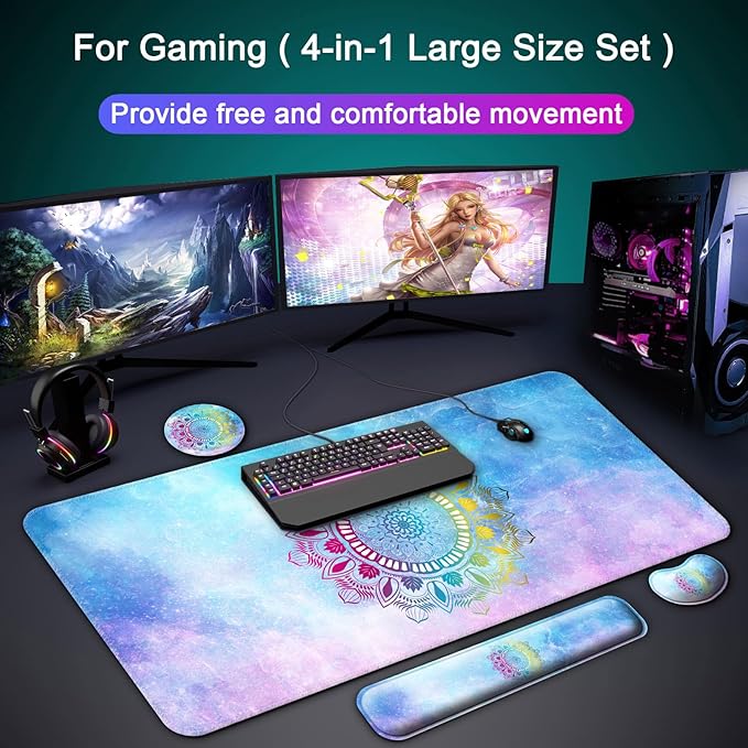 Keyboard Wrist Rest + Mouse Pad with Wrist Support + Desk Mat + Coaster 4 in 1 Set XXL Large Gaming Mousepad Cute Ergonomic Mouse Pads for Desk Computer Laptop Office Decor-Star Mandala