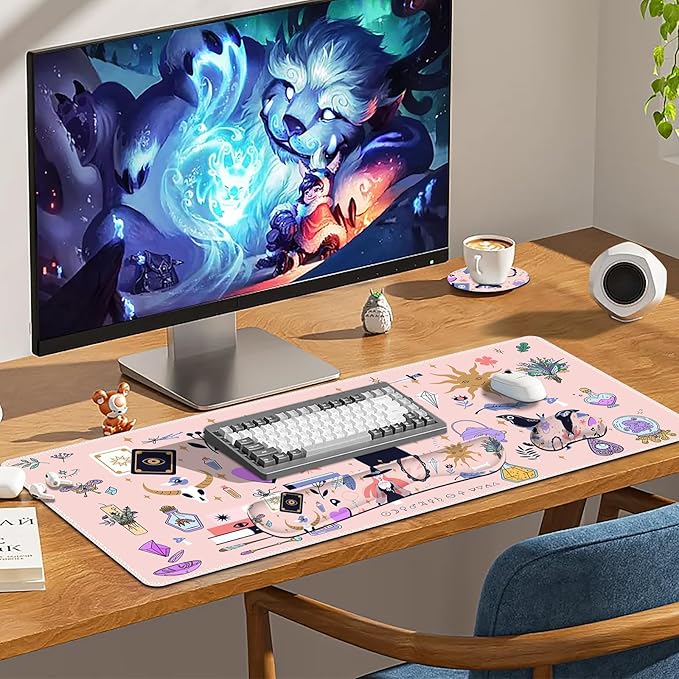Pink Keyboard Mouse Pad Set Large Gaming Deskpad Rectangle +Keyboard Wrist Rest +Mouse Wrist Support +Coaster Ergonomic Memory Foam Mousepad Combo Witch Mirror