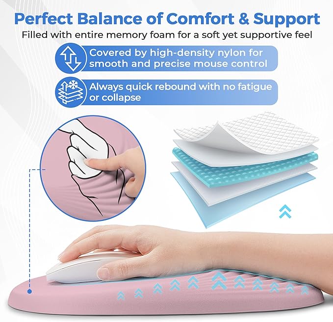Ergonomic Mouse Pad with Wrist Support Memory Foam Wrist Rest for Pain Relief &amp Carpal Tunnel Non-Slip Base for Office Computer PC Laptop (12x8x1.2inch Korean Lovely Pink)
