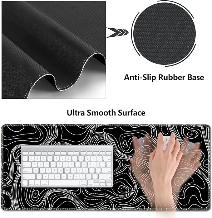 AIMSA Keyboard Mouse Pad Set Large Gaming Mouse Pad +Wrist Rest Mouse Pad +Keyboard Wrist Support +Coaster 35x15.7 inch Extended Desk Mat for Easy Typing Pain Relief (Black Topographic)