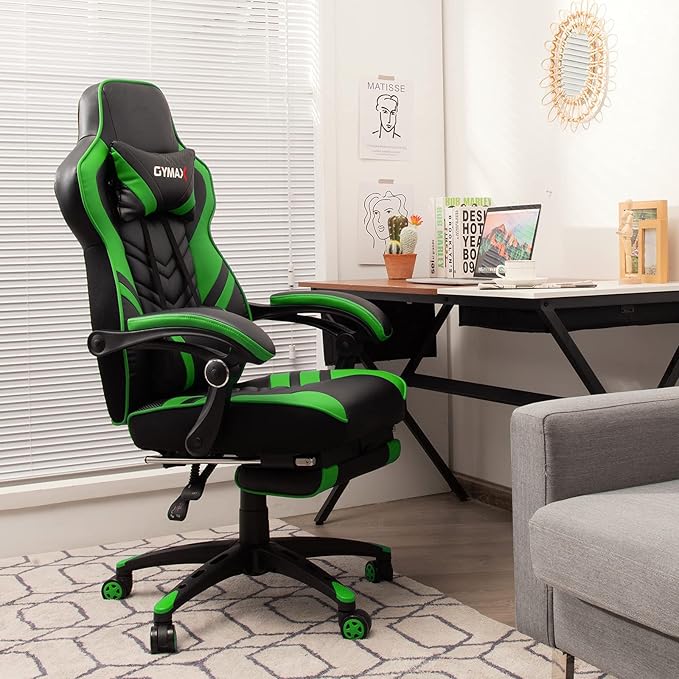 GYMAX Gaming Chair Ergonomic Computer Chair with Footrest Linkage Armrests &amp Lumbar Cushion Big Wide High Back Video Gaming Chair Reclining Office Rolling Chair for Adult/Teens (Green)