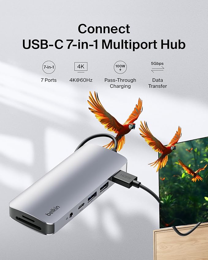 Belkin USB-C Hub 7-in-1 Multiport Adapter - USB Docking Station with 4K HDMI USB-C PD 3.0 Port 2 x USB-A 3.1 Ports SD Card &amp MicroSD Card Slots &amp 3.5mm Audio Jack for MacBook Air iPad P