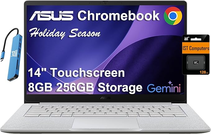 ASUS Chromebook CX14 Laptop (14 FHD Touchscreen Intel Celeron N4500 8GB RAM 256GB Storage (128GB eMMC +128GB SD Card)) Home &amp Student Webcam Spill-Resistant Wi-Fi IST HUB Chrome OS CX140