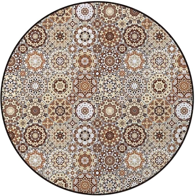 Beige Dark Brown Pale Brown Round Chair Mat Floor Protector Non-Slip Floor Low Pile Desk Chair Mat Rolling Chair and Computer Desk Carpet Mat Retro Old Fashioned Tile Diameter 35.4 in