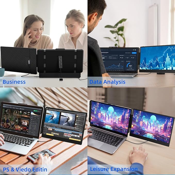 Laptop Screen Extender Travel Monitor - 14 Dual Portable Monitor IPS FHD 1080P Travel Work Extra Screen Plug and Play USB-C HDMI Port Compatible with Wins Mac Chrome Dex Fits 13-17 Laptops