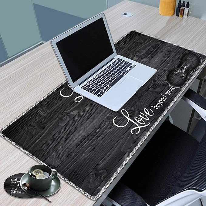 Large Game Mouse Pad + Wrist Support Pad + Coffee Coaster Quote Live Love Laugh Foldable Table Mat with Stitched Edge Non-Slip Set Pad Suitable for Office Work and Home