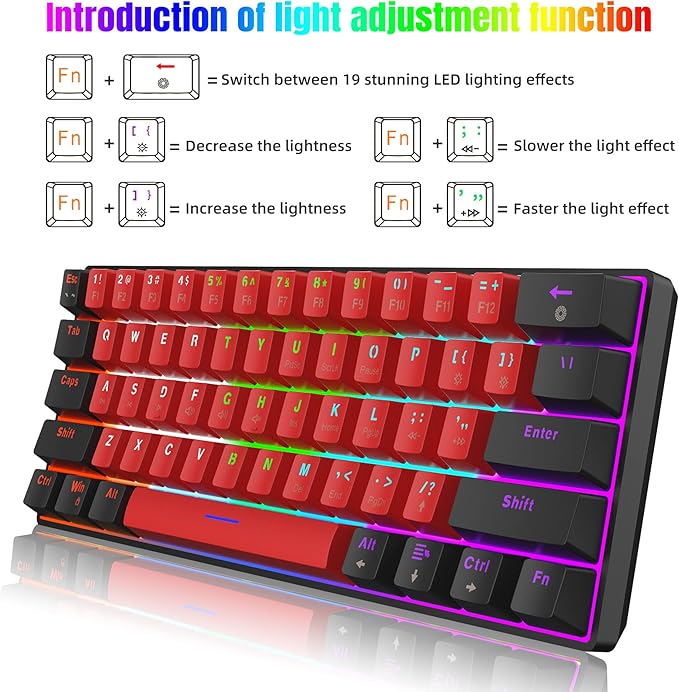 Snpurdiri 60% Wired Mechanical Keyboard Mini Gaming Keyboard with 61 Keys for PC Windows XP Win 7 Win 10 (Black-Red Red Switches)