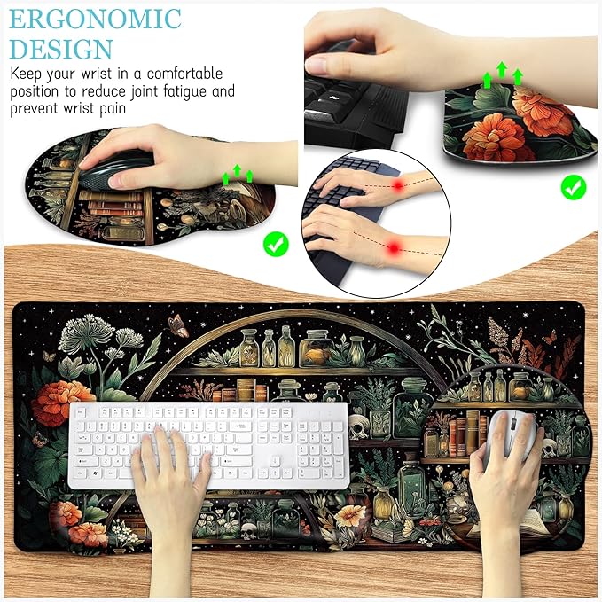 Goth Skull Mouse Pad Set Large Desk Mat for Desktop Ergonomic Mouse Pad with Wrist Rest for Gaming Keyboard Mat Wrist Support Cup Coaster Set Gothic Office Desk Accessories Decor Supplies