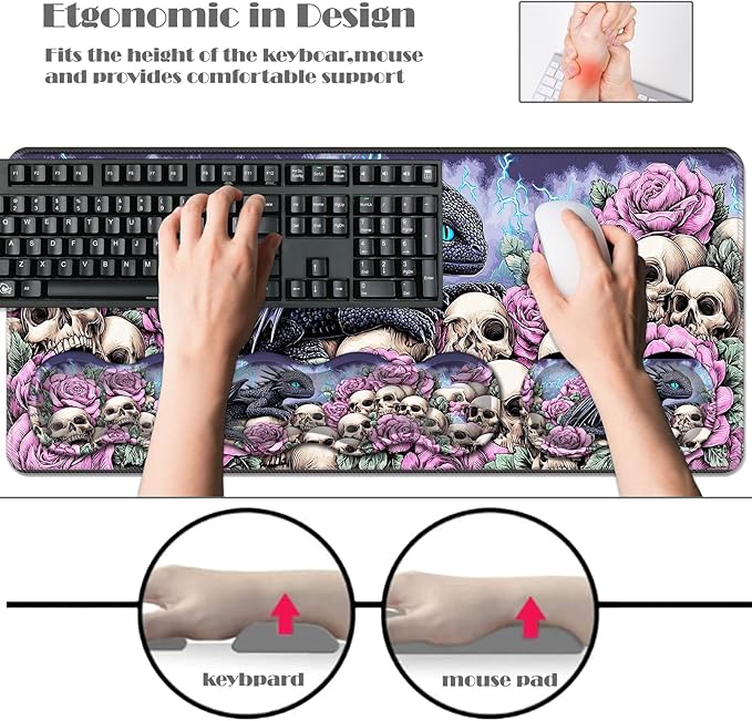 Ergonomic Keyboard Wrist Rest &amp Mouse Pad Wrist Rest SetXL Gaming Desk Mat 31.5x 11.8Non-Slip BaseMemory FoamEasy Typing Pain Relief for Office &amp HomeDragon with Roses Skulls