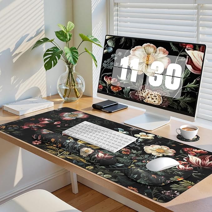 iCasso Desk Cover Mat 4in1 Floral Large Mouse Pad with Wrist Rest Desk Matt for Desktop Anti-Slip XXL Big Computer Ergonomic Mousepad with Wrist Support for Keyboard and Mouse (Elegant Flowers)