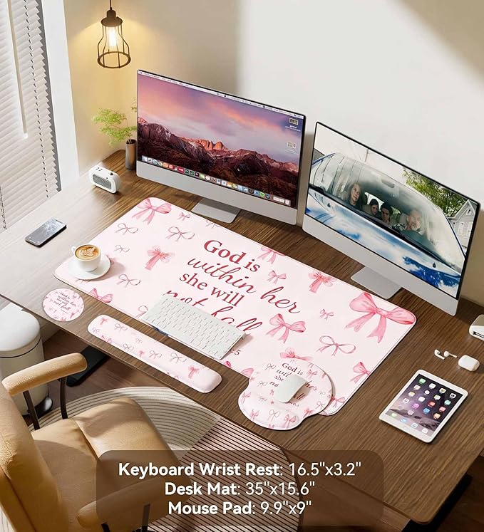 Desk Mat Set + Keyboard and Mouse Pad with Wrist Rest Support4-in-1 Large Mousepad Computer Mats for Desktop Home &amp Office-Pink Bowtie