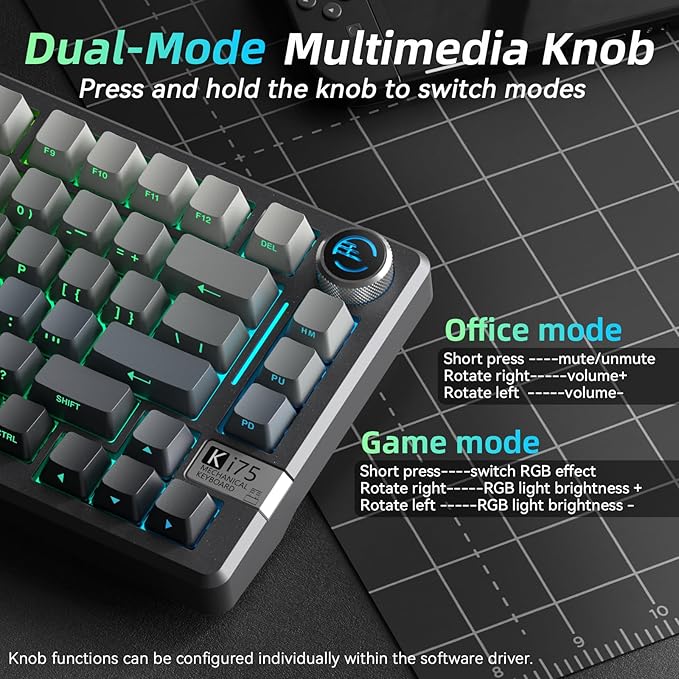 SOLAKAKA KI75 Wireless Mechanical Keyboard Aluminum Gaming Keyboard 75% Hot-swappable Side-Printed PBT Keycaps 2.4GHz/BT5.0/USB-C RGB Backlit Creamy Keyboards with Knob for PC/Laptop/Mac