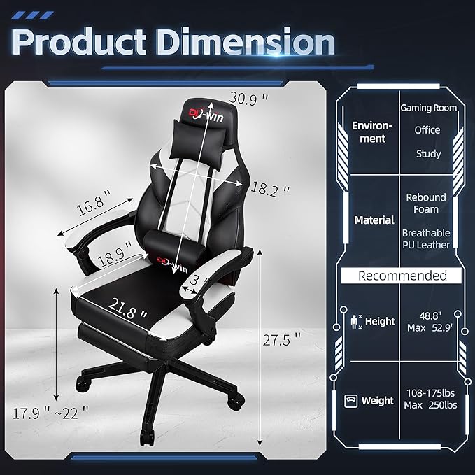 Video Gaming Chair for Adults Computer Chair with Footrest and Ergonomic High Back Big and Tall Gamer Chair with Massage Lumbar Support 360° Swivel Height Adjustable Computer Chair White