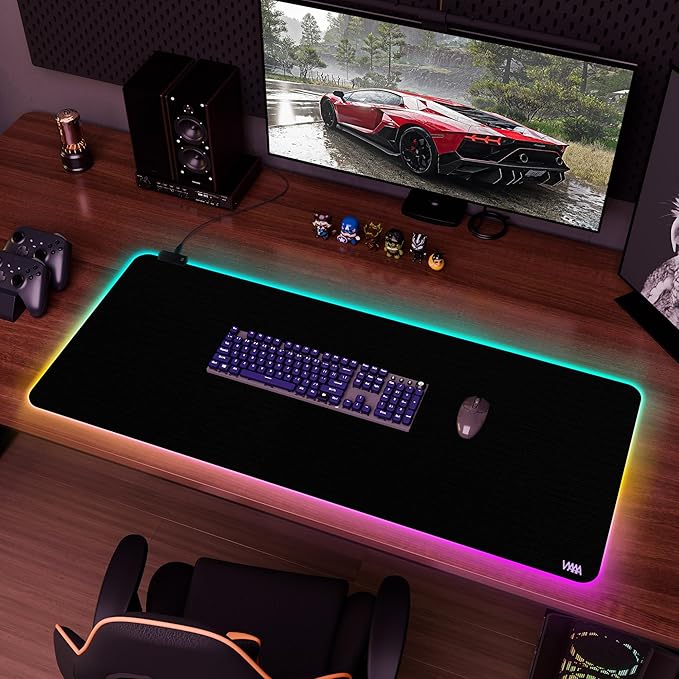 Vyaaa 47 x 20 RGB Gaming Mouse Pad XXL LED Desk Mat with 9 Light-Up Modes Smooth Surface &amp Non-Slip Rubber Base for Gaming/Office/Home (Black)