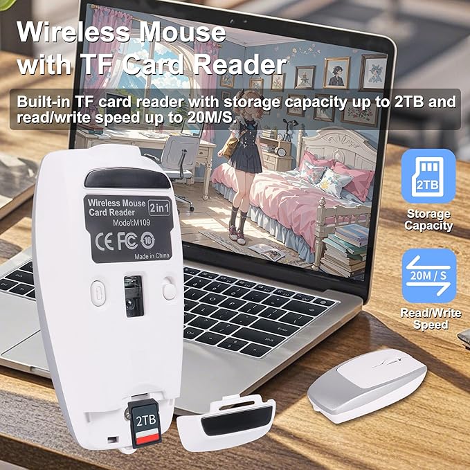 Bluetooth Mouse Rechargeable Portable Mini Computer Mice with TF Card Reader 3 Adjustable DPI Optical Lightweight Silent Wireless Mouse for Laptop Tablet Cell Phone Windows Mac OS Android iOS Silver