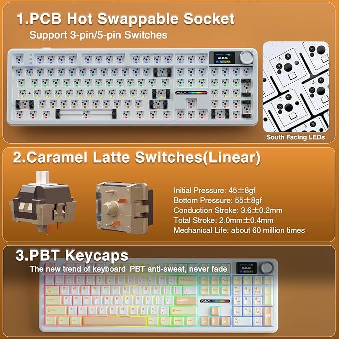 AULA F108 PRO - Wireless Mechanical Keyboard with Screen&ampKnobHot Swappable Gaming Keyboard with 8000mAh BatteryPre-lubed SwitchesRGB BacklitPBT Keycaps Creamy Sounding Computer Keyboards104 K